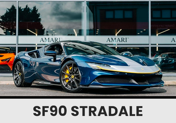 Blue Ferrari Sf90 Stradale with Yellow Brake Calipers Parked Outside a Showroom Labeled Amari