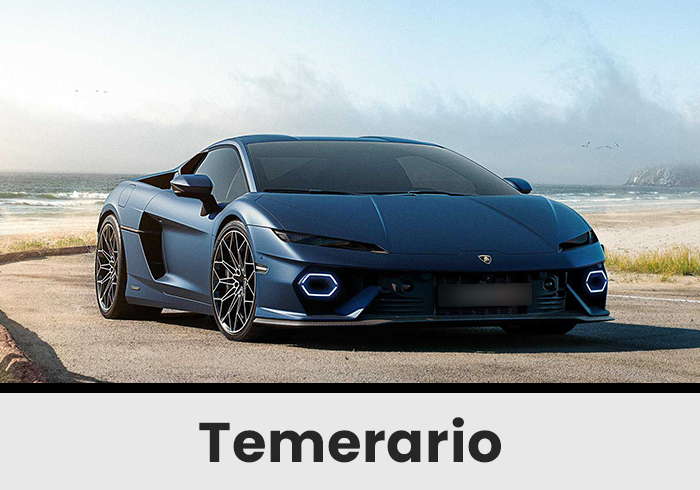 Blue Luxury Sports Car Parked on a Coastal Road with the Sea and Sky Behind It Low Stance and Angular Headlights Visible at the Front Quarter View