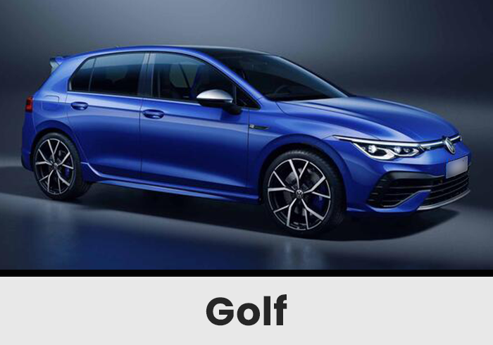 Blue Volkswagen Golf Hatchback Pictured in a Studio Side Profile with Alloy Wheels