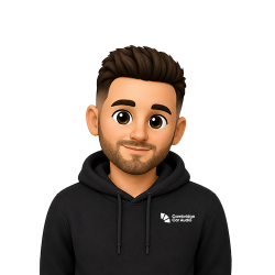 3D cartoon avatar of a man with dark hair and a beard, wearing a black hoodie with the Cambridge Car Audio logo on the chest.