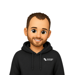 Smiling cartoon avatar of a man with short brown hair and a beard, wearing a black hoodie with the Cambridge Car Audio logo.