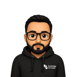 Cartoon avatar of a man with black hair and glasses wearing a black hoodie with the Cambridge Car Audio logo